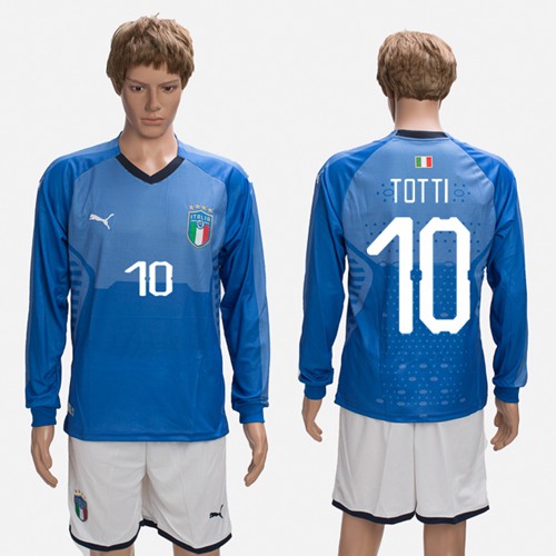 Italy #10 Totti Blue Home Long Sleeves Soccer Country Jersey - Click Image to Close